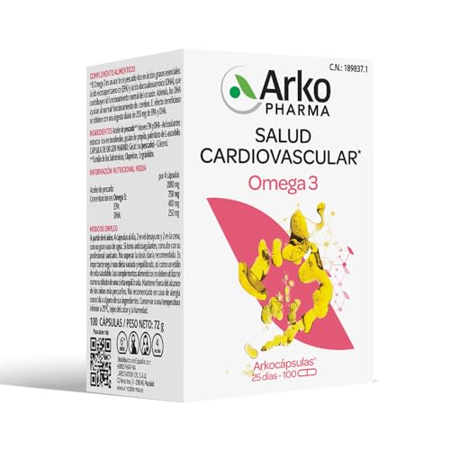 Arkopharma Arkocápsulas Omega 3 100 Cápsulas, Funcionamiento Normal del Corazón y Cerebro, Cuidado Cardiovascular, Complemento Alimenticio