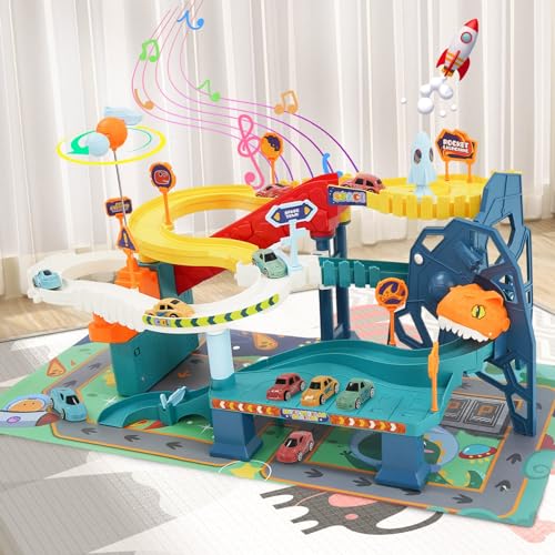 Arkyomi Pista de Carreras de Coches para niños a Partir de 3 años con Nave Espacial giratoria y 5 Mini Autos, Pistas de Carreras de Juguetes para cumpleaños de niños pequeños, para niños