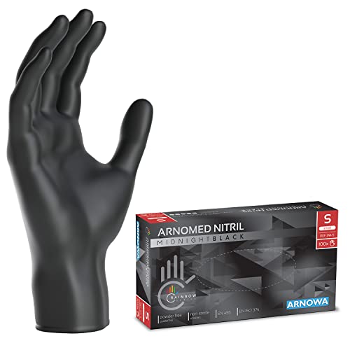 ARNOMED Guantes nitrilo negro talla S, guantes de nitrilo, caja guantes nitrilo 100 unidades, guantes negros nitrilo sin polvo y látex, desechables, guantes nitrilo mecanico en XS, S, M, L, XL, XXL