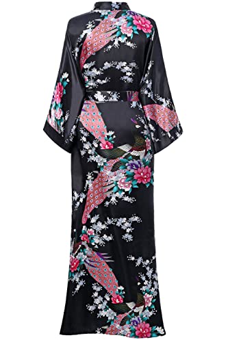 ArtiDeco Vestido Kimono Pijama de Seda Novia Kimono de Seda Ropa de dormir de Satén Estampado Pavo Real