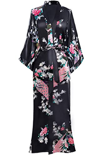 ArtiDeco Vestido Kimono Pijama de Seda Novia Kimono de Seda Ropa de dormir de Satén Estampado Pavo Real
