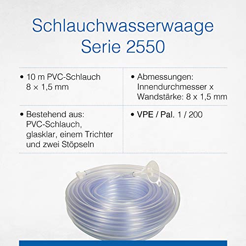 as - Schwabe - Manguera Niveladora de PVC, cristalino 8 x 1,5 mm - Dispositivo de nivelación de manguera que incluye embudo y dos tapones - 10 metros