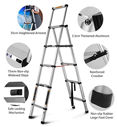 Asan Escalera de extensión telescópica de Aluminio - Escalera de extensión Multiusos con reposabrazos y pies Antideslizantes - Sugiere 330 Libras
