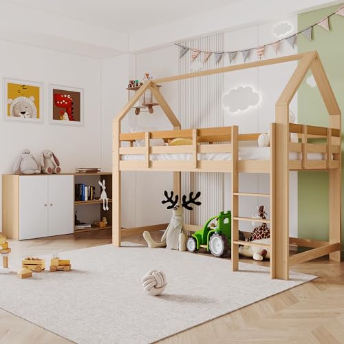 ATHRZ Litera con 2 estantes y armario de almacenamiento, cama de casa con escalera de tres peldaños en ángulo recto, marco de cama de madera maciza, con protección contra caídas, color natural +
