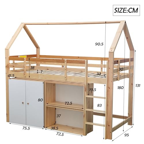 ATHRZ Litera con 2 estantes y armario de almacenamiento, cama de casa con escalera de tres peldaños en ángulo recto, marco de cama de madera maciza, con protección contra caídas, color natural +