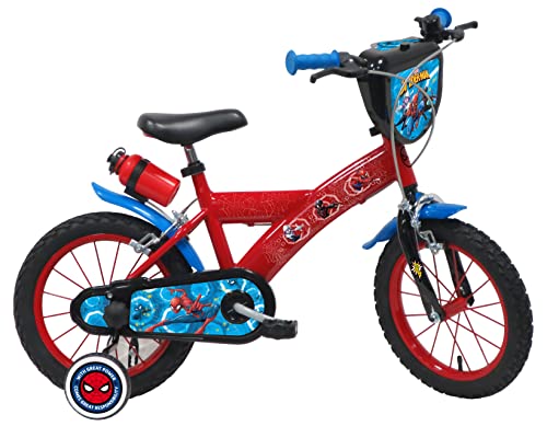 A.T.L.A.S. Bicicleta Infantil de 14 Pulgadas, Spiderman/Marvel Equipada con 2 Frenos, Placa Frontal Decorativa, Botella Trasera y Casco Spiderman Incluido