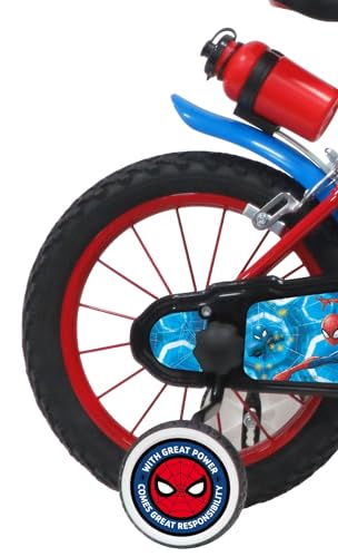 A.T.L.A.S. Bicicleta Infantil de 14 Pulgadas, Spiderman/Marvel Equipada con 2 Frenos, Placa Frontal Decorativa, Botella Trasera y Casco Spiderman Incluido