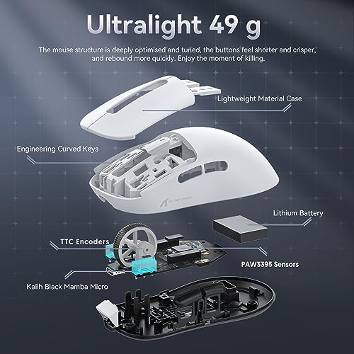 ATTACK SHARK X3 49g SUPERLIGHT Mouse, PixArt Gaming Sensor, BT/2.4G Wireless/Wired, 6 DPI ajustable hasta 26000, 200Hrs Battery, G502, Office Mouse para Win11/Xbox/PS/Mac (Blanco)