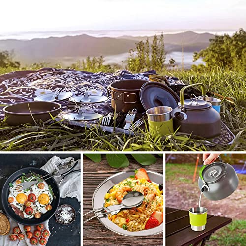 AUHOU Kit de Utensilios Cocina Camping con Ollas de Aluminio y Cubiertos, Plegable, Juego de Ollas y Sartenes, para Acampada, 3-4 Personas