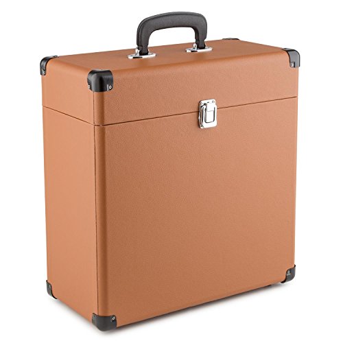 auna Vinylbox Maleta transporte vinilo (Caja portátil discos, 30Lp capacidad, interior acolchado aterciopelado, cantos metálicos resistentes golpes, diseño vintage) - marrón