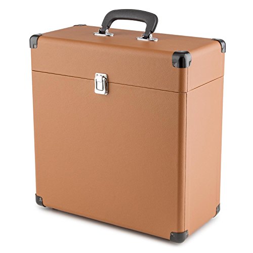 auna Vinylbox Maleta transporte vinilo (Caja portátil discos, 30Lp capacidad, interior acolchado aterciopelado, cantos metálicos resistentes golpes, diseño vintage) - marrón