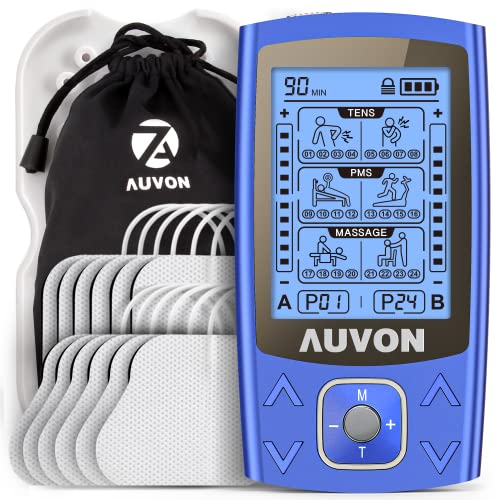 AUVON 3-en-1 Electroestimulador muscular de 24 modos, con función TENS, EMS y masaje, para aliviar el dolor muscular y fortalecer los músculos, 2 Canales, 12pcs 2"x2" Electrodos con patentado (Azul)