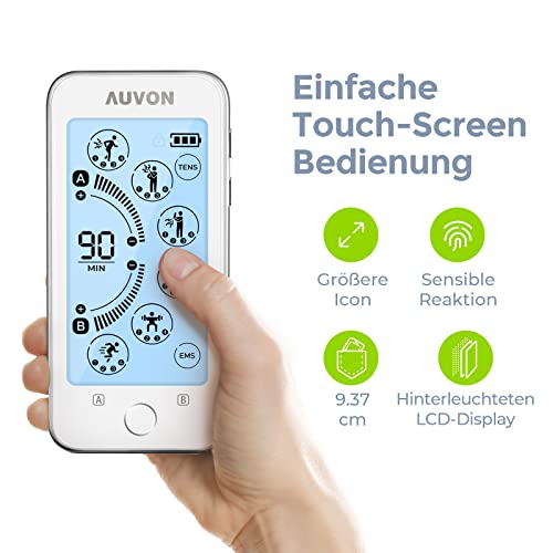 AUVON Touchscreen Electroestimulador TENS EMS, 24 modos recargable Electroestimulador muscular, 2 canales TENS con la vida de la batería 2X y 10 Electrodos