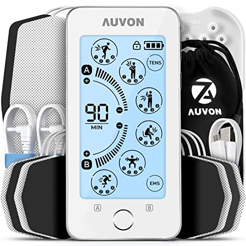 AUVON Touchscreen Electroestimulador TENS EMS, 24 modos recargable Electroestimulador muscular, 2 canales TENS con la vida de la batería 2X y 10 Electrodos