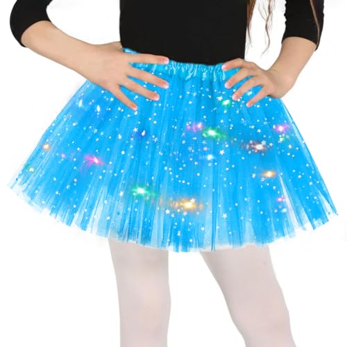 Azul falda de tul niñas, estrellas lentejuelas vestido de baile, elástico mini falda con luces LED, 30cm niñas tutú falda de ballet para Halloween carnaval, vestido de ballet para 3-8 años niños