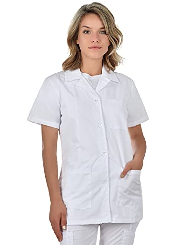 B-well Gabi Uniforme Empleada Hogar Casaca con Botones Enfermeras Uniforme Limpieza Mujer Casaca Mujer Cuello Solapa Uniforme Manga Corta Cuello V Blanco S