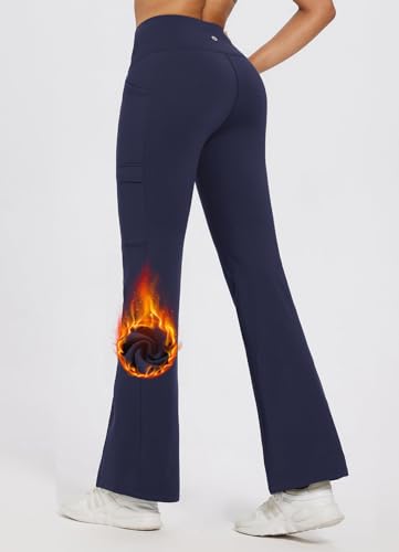 BALEAF Pantalones con forro polar para mujer, impermeables, cruzados, con bolsillos, térmicos, para invierno, yoga, cintura alta, con bolsillos, azul marino, XS