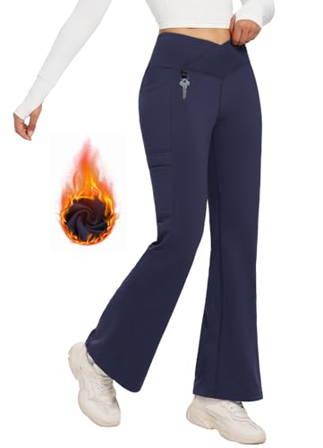 BALEAF Pantalones con forro polar para mujer, impermeables, cruzados, con bolsillos, térmicos, para invierno, yoga, cintura alta, con bolsillos, azul marino, XS
