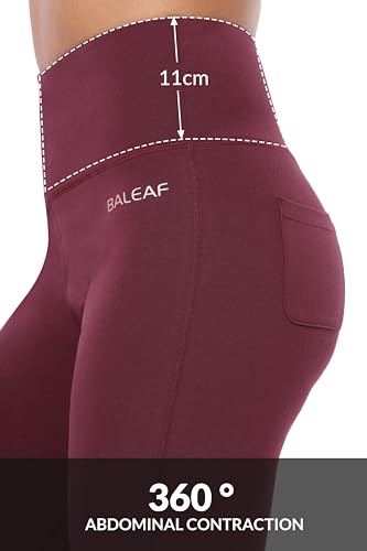 BALEAF Pantalones de yoga de algodón para mujer, cintura alta, cómodos, suaves, acampanados, con bolsillos, Suave y cómodo borgoña, X-Small