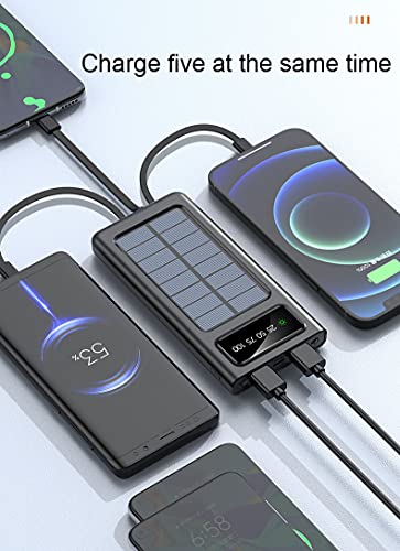 Banco de energía solar de 30000 mAh, cargador solar, paquete de batería portátil de 5 salidas, cargador con luz LED para acampar, panel solar impermeable que carga negro para iPhone 12 x s, Android