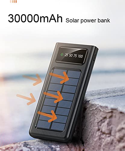 Banco de energía solar de 30000 mAh, cargador solar, paquete de batería portátil de 5 salidas, cargador con luz LED para acampar, panel solar impermeable que carga negro para iPhone 12 x s, Android