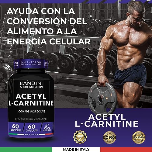 Bandini® Acetil L-CARNITINA 1000 mg por Cápsula (Altamente Dosificado) - Suplemento para Deportistas y Atletas que Practican Actividad Física Intensa - Acetyl L Carnitina de 60 Cápsulas Made in Italy