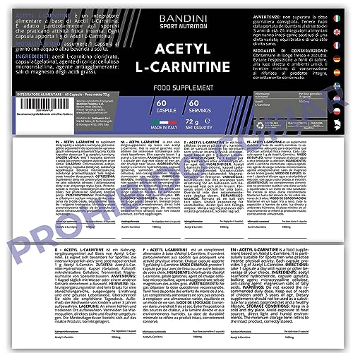 Bandini® Acetil L-CARNITINA 1000 mg por Cápsula (Altamente Dosificado) - Suplemento para Deportistas y Atletas que Practican Actividad Física Intensa - Acetyl L Carnitina de 60 Cápsulas Made in Italy
