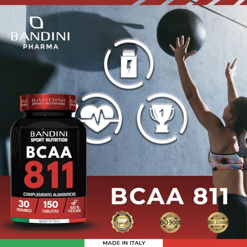 Bandini® BCAA 8.1.1 - Aminoácidos de Cadena Ramificada con Leucina, Isoleucina, Valina y Vitamina B1 y B6 - Sin Lactosa - Vegano - Suplemento Pre y Post Entrenamiento - 150 comprimidos