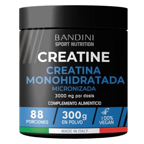 Bandini® Creatina Monohidratada MERCURIO FREE en Polvo 100% Pura - Para mejorar el Rendimiento y la Potencia Muscular - Sin aditivos - 100% Vegano - Incluye dosificador - 300 gramos y 88 porciones