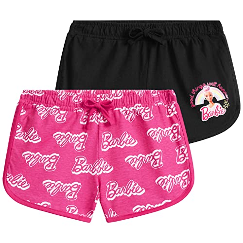 Barbie Pantalon Corto Niña, Pantalones Cortos 100% Algodón, Pack de 2 Shorts para Niña De 3-14 Años (Rosa/Negro, 3-4 años)