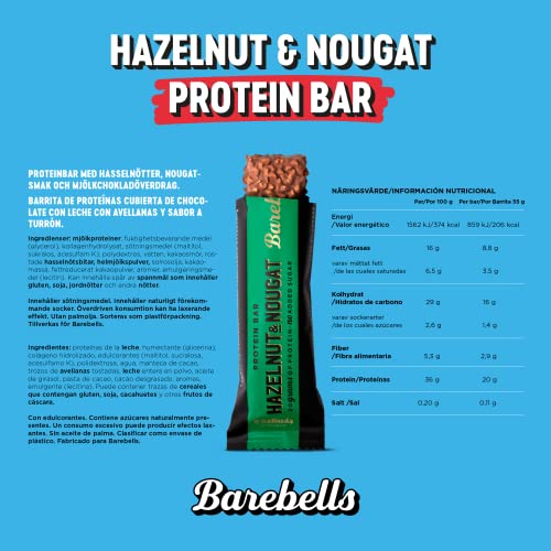 Barebells - Barritas Proteína - 20g Proteína x Barrita - Baja en azúcar - Baja en Calorías - Sin Aceite de Palma - Hazelnut Nougat - Pack de 12 Barritas x 55g