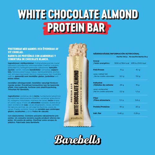 Barebells - Barritas Proteína - 20g Proteína x Barrita - Baja en azúcar y Calorías - Sin Aceite de Palma - White Chocolate Almond - Pack de 12 Barritas x 55g