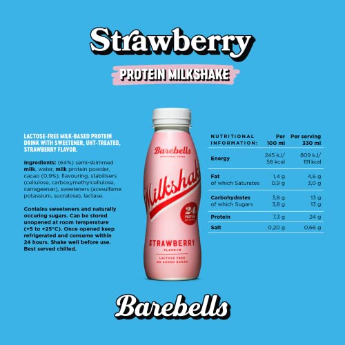 Barebells Protein Milkshake 8 x 330ml Bottles| High Protein Shake | No Added Sugar | Lactose Free| 24g of Protein | Delicious Creamy Flavour (STRAWBERRY)