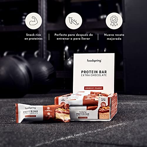Barritas proteicas Extra Choco foodspring - 13 g de proteína por barrita, sin azúcar añadido, nutritivo snack para después del entrenamiento o para llevar - Crunchy Peanut - 12 x 45 g