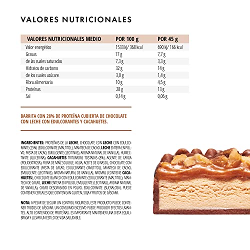 Barritas proteicas Extra Choco foodspring - 13 g de proteína por barrita, sin azúcar añadido, nutritivo snack para después del entrenamiento o para llevar - Crunchy Peanut - 12 x 45 g