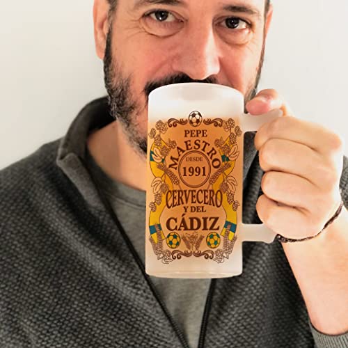 Bee Ingenious Jarra cerveza personalizada Maestro cervecero y del Cádiz de cristal esmerilado con nombre y año personalizados Regalos para hombres. Regalos para padres, hermanos. (Maestro Cádiz)