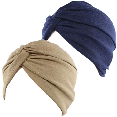 BEIFON 2 Piezas Gorros para Mujer Cancer Pañuelos Cabeza de Dormir Algodón Elástico Frontal Cruzado Turbante para Pérdida de Pelo (Azul Marino+Caqui)