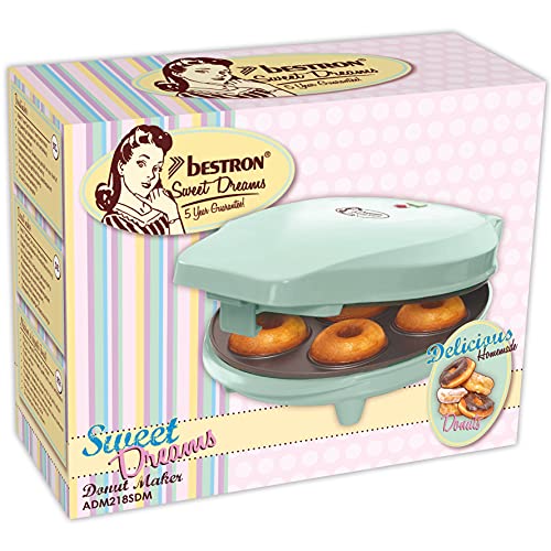 Bestron Donut Maker en diseño retro, mini donut maker eléctrica para 7 pequeños donuts, incl. semáforo de cocción y revestimiento antiadherente, 700 vatios, color: verde