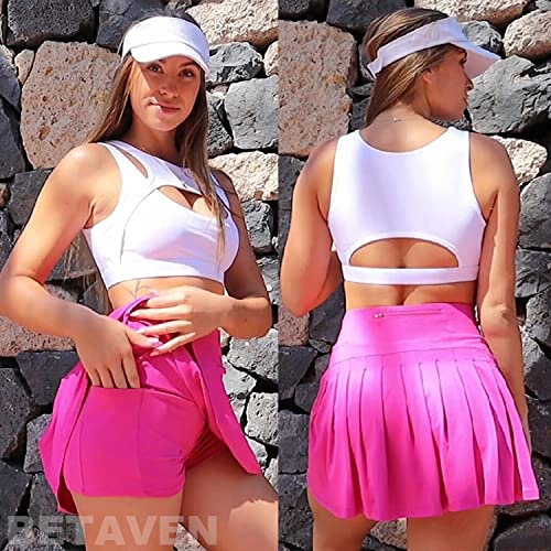 Betaven Faldas de Tenis Plisadas para Mujeres con Bolsillos Construidas en Pantalones Cortos Deportivos para Correr en el Golf, Falda Casual de Cintura Alta,Rosa,XL