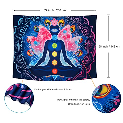 Betylifoy Tapiz de Siete Chakras Tapiz de Mandala Psicodélico Colorido Tapiz de Meditación de Yoga Tapiz Colgante de Pared Tapiz Hippie Indio Decoración de Pared para Dormitorio (148x200cm)