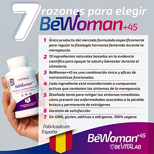 BeWoman+45 | Mejora los Síntomas de la Menopausia | Vientre Plano | Control de los Sofocos | Alivia la Hinchazón Abdominal | Con Ashwadandha | Ingredientes Naturales | Fabricado en España