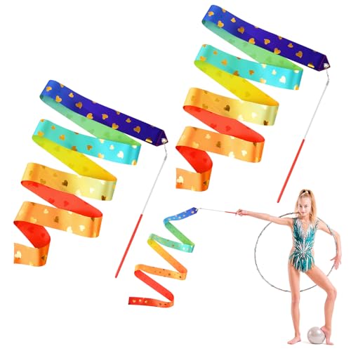Bewudy 2 cintas de baile rítmico, cinta de gimnasia de 2 m con varitas de palo de 30 cm, cinta arcoíris para entrenamiento de gimnasio, circo, baile, serpentinas
