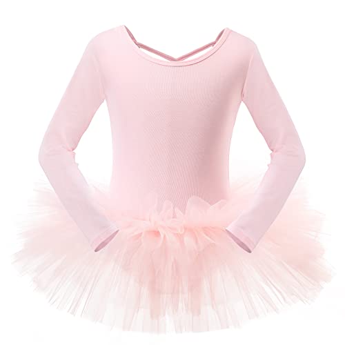 Bezioner Maillot de Danza Tutú Vestido de Ballet Gimnasia Leotardo Algodón Body Clásico para Niña (120 (110 a 120 cm, 4 a 5 años), Rosa de Manga Larga)