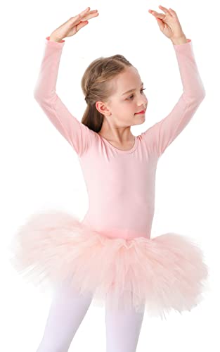 Bezioner Maillot de Danza Tutú Vestido de Ballet Gimnasia Leotardo Algodón Body Clásico para Niña (130 (120 a 130 cm, de 5 a 7 años), Rosa de Manga Larga)