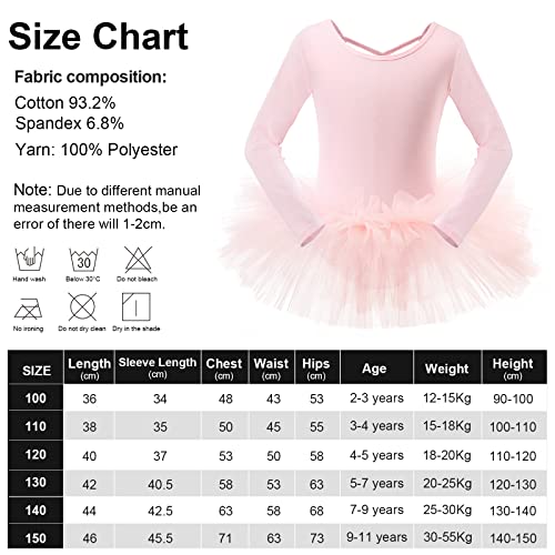 Bezioner Maillot de Danza Tutú Vestido de Ballet Gimnasia Leotardo Algodón Body Clásico para Niña (150 (140 a 150 cm, 9 a 11 años), Rosa de Manga Larga)