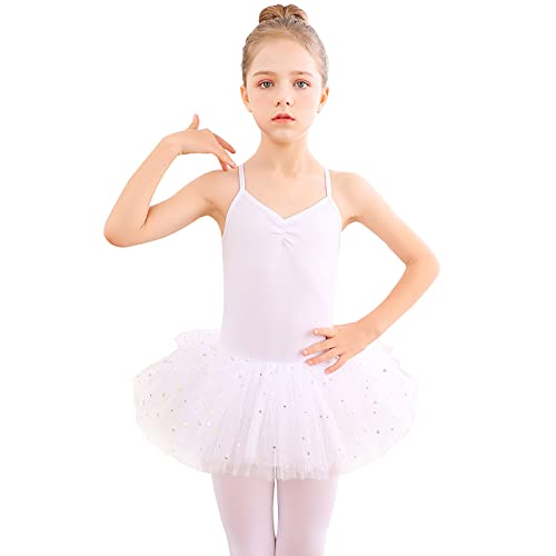 Bezioner Maillot de Danza Tutú Vestido de Ballet sin Mangas Gimnasia Leotardos Algodón Body Clásico para Niñas Blanco 120