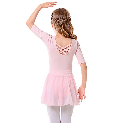 Bezioner Maillot de Danza Vestido de Ballet Gimnasia Leotardo Body Clásico con Manga Media para Niña Rosa 100