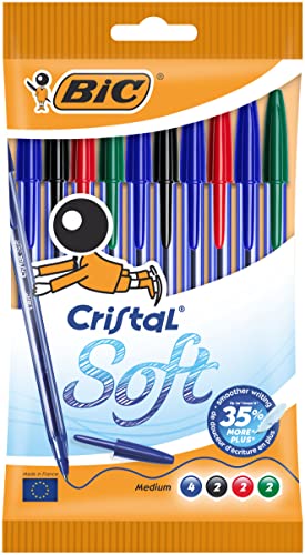 BIC Cristal Soft bolígrafos punta media (1,2 mm) con escritura suave - Colores surtidos, Blíster de 10 unidades – bolígrafos duraderos en azul, negro, rojo, y verde