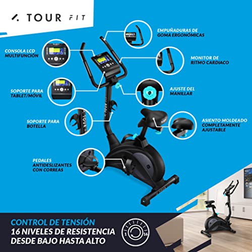 Bicicleta Estática Tour FIT, Bluefin Fitness/Bicicleta Estática para Casa/Sensor de Pulso/Con Kinomap/Máquina de Pedalear/Consola LCD/Bicicleta Estática de Resistencia Magnética