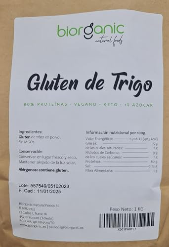 Biorganic Gluten de Trigo 100% Natural | 1 Kg | Keto | Vegano | Ideal para masas y para elaborar Seitán. Marca española.